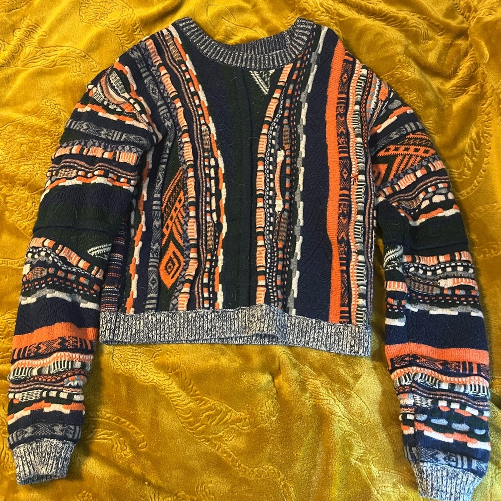 XS Carven Navy, Orange & Cream Patterned Crewneck Sweater